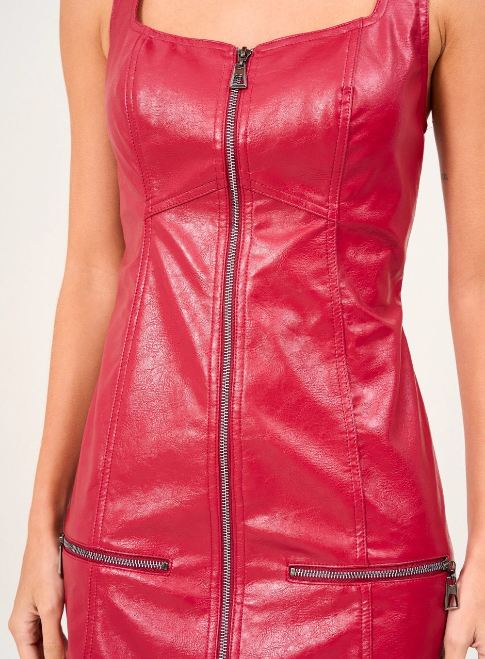 Vestido Com Zíper Frontal Em Pu Vermelho 3