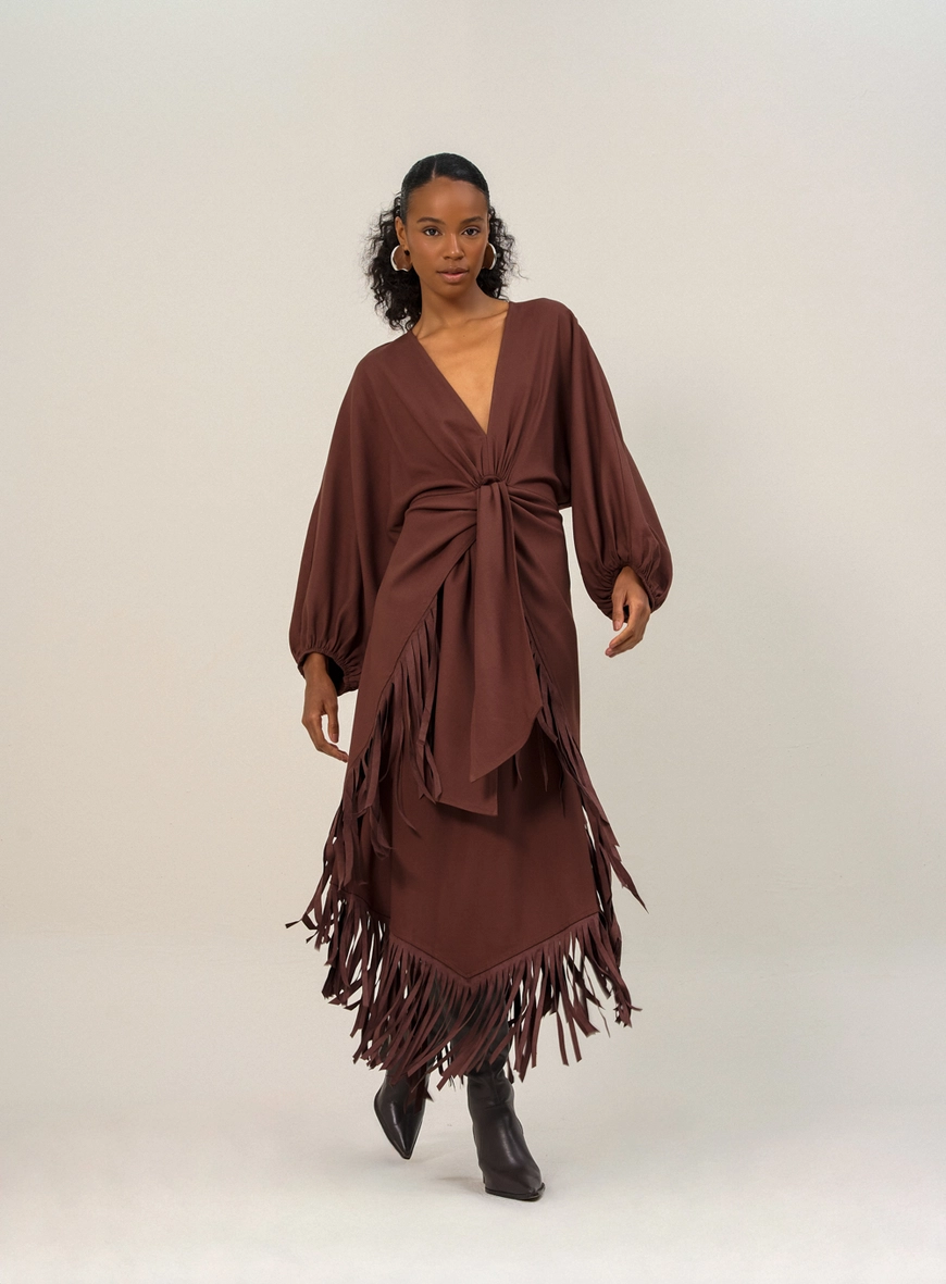 Vestido Com Franjas Marrom 1