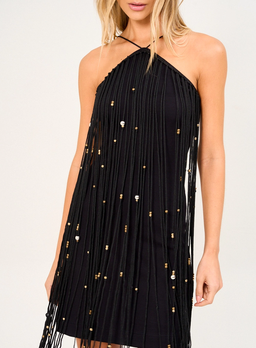 Vestido Curto Halter Com Franjas E Miçangas Preto 3