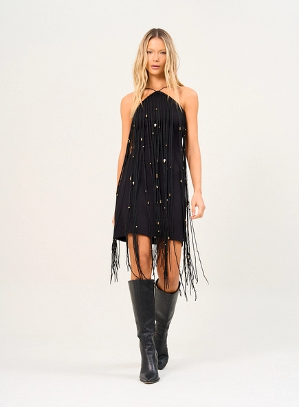 Vestido Curto Halter Com Franjas E Miçangas