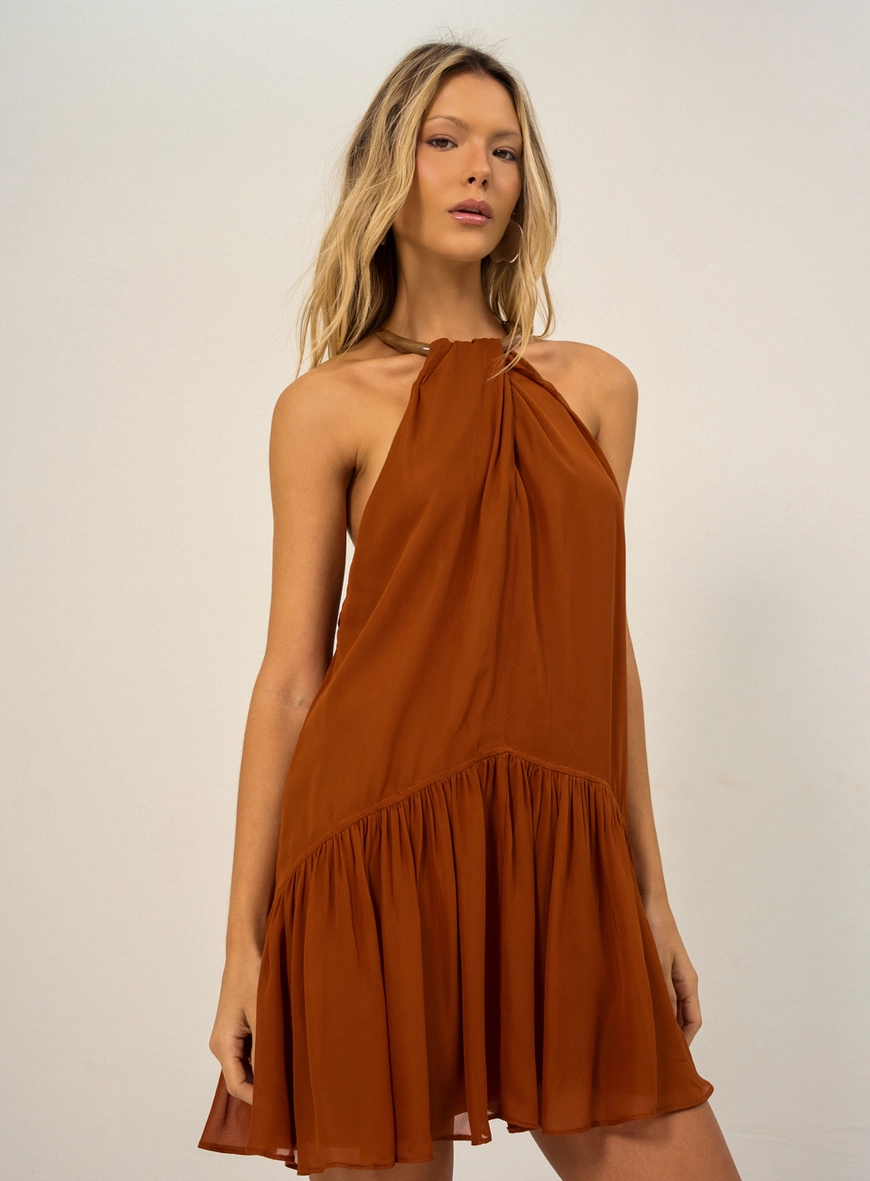 Vestido Curto Com Babado Inferior Marrom Zeus 1