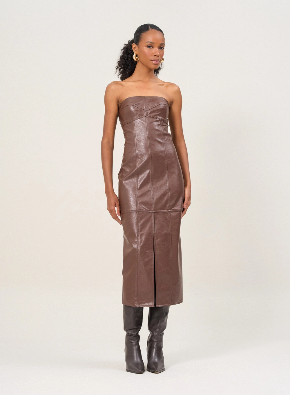 Vestido Midi Com Fenda Frontal Marrom 1