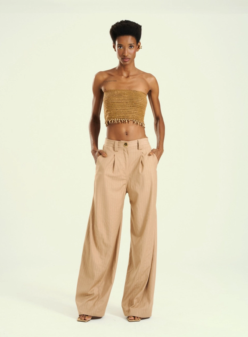 Calça Feminina Alfaiataria Wide Leg Bege 4