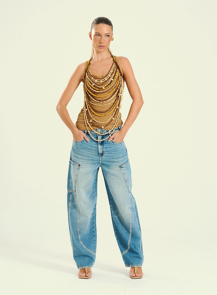Regata Feminina Franzida Com Sobreposição Bege 4