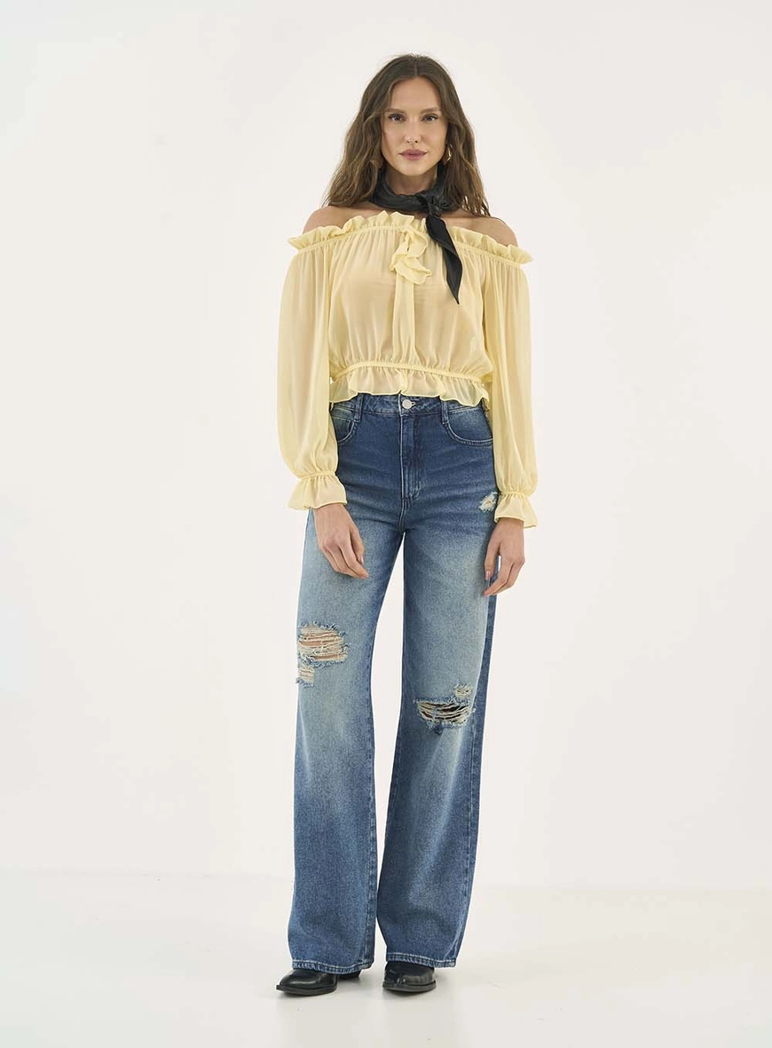 Calça Jeans Wide Leg Berlim Com Puídos