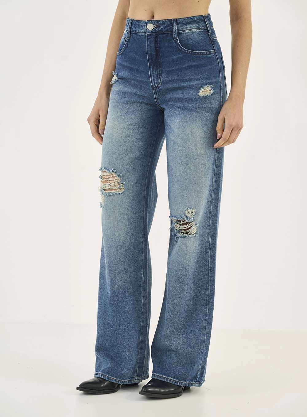 Calça Jeans Wide Leg Berlim Com Puídos Índigo