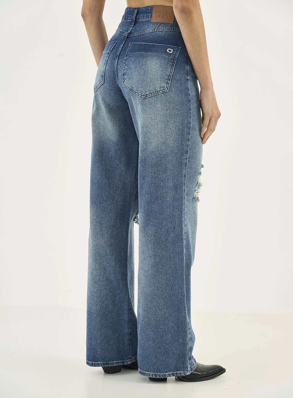 Calça Jeans Wide Leg Berlim Com Puídos Índigo