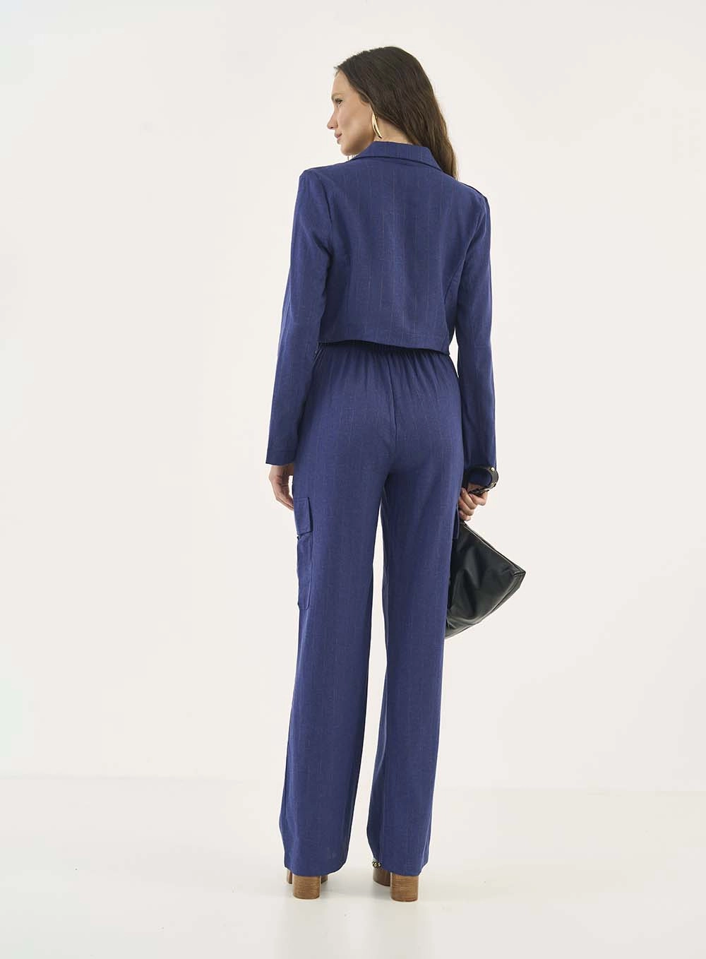 Calça Alfaiataria Cargo Com Linho Azul
