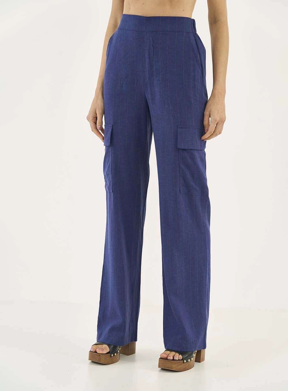 Calça Alfaiataria Cargo Com Linho Azul