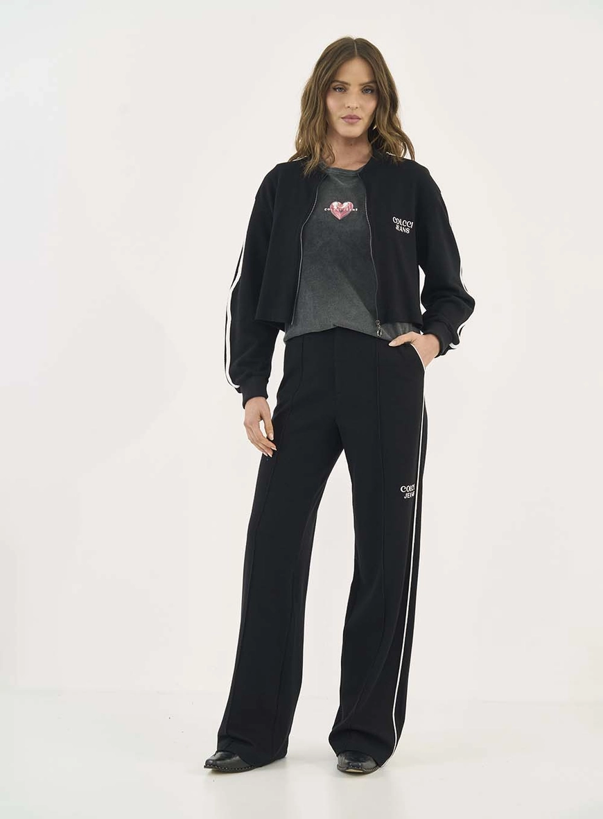 Calça Wide Leg Jade Com Detalhe Em Listras