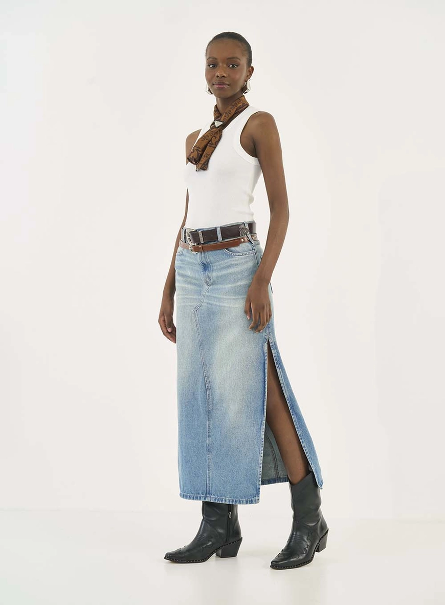 Saia Jeans Midi Cancun Com Cintos