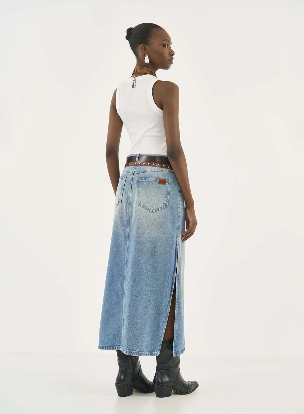 Saia Jeans Midi Cancun Com Cintos Índigo