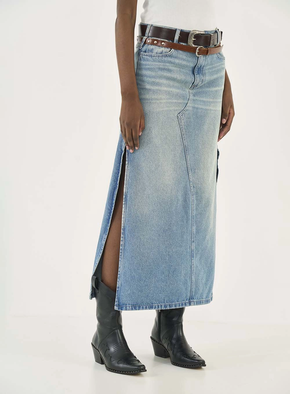 Saia Jeans Midi Cancun Com Cintos Índigo