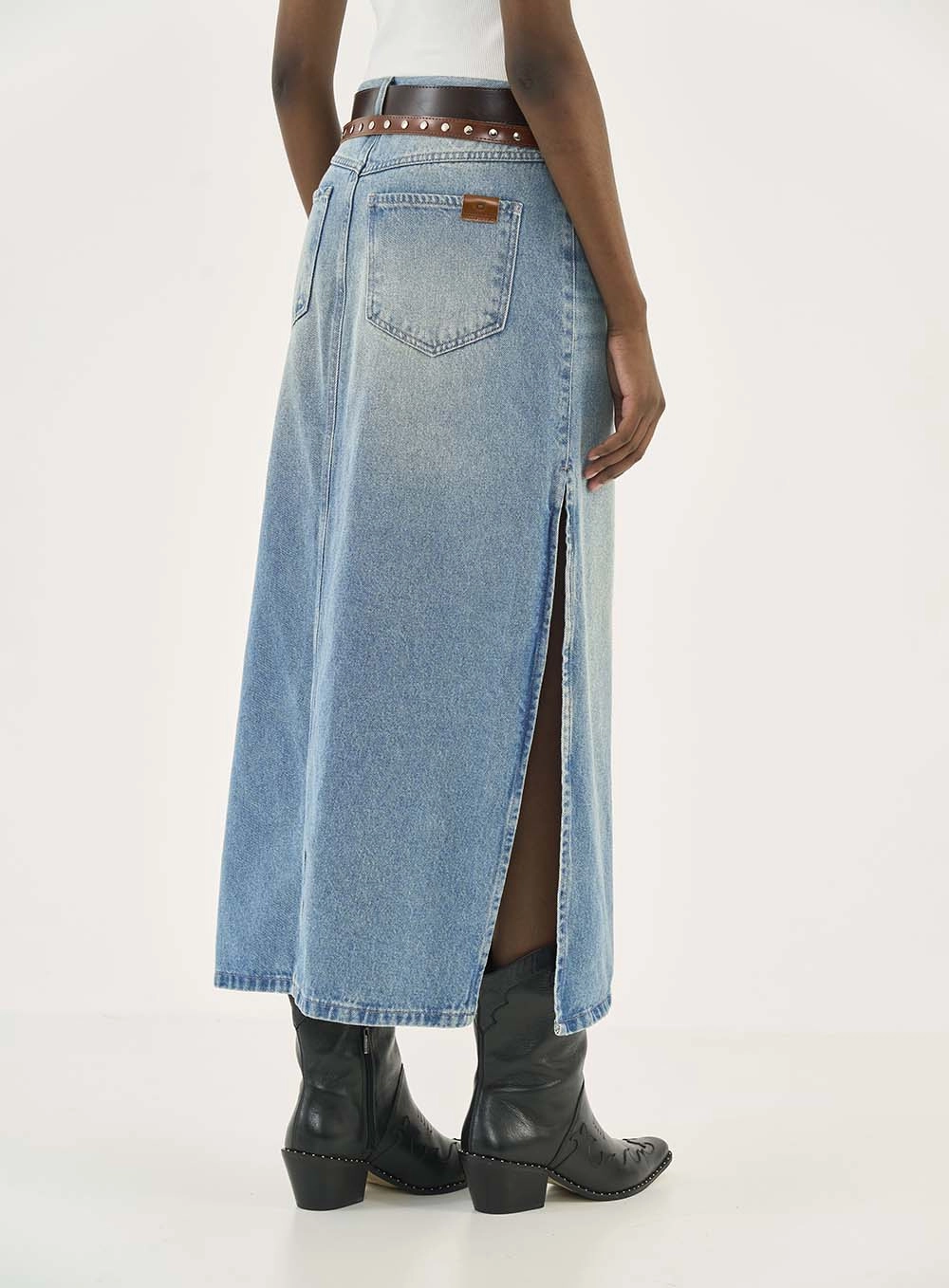 Saia Jeans Midi Cancun Com Cintos Índigo