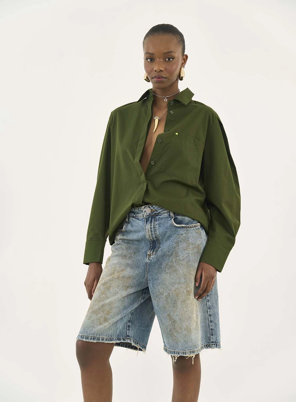 Camisa Loose Alfaiataria Mangas Bufantes Verde
