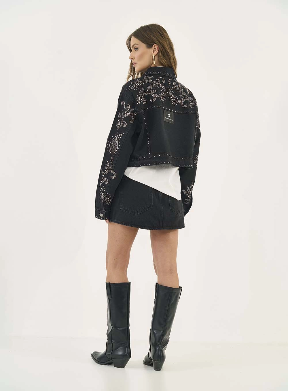 Jaqueta Cropped Studded Paisley Indigo Preto