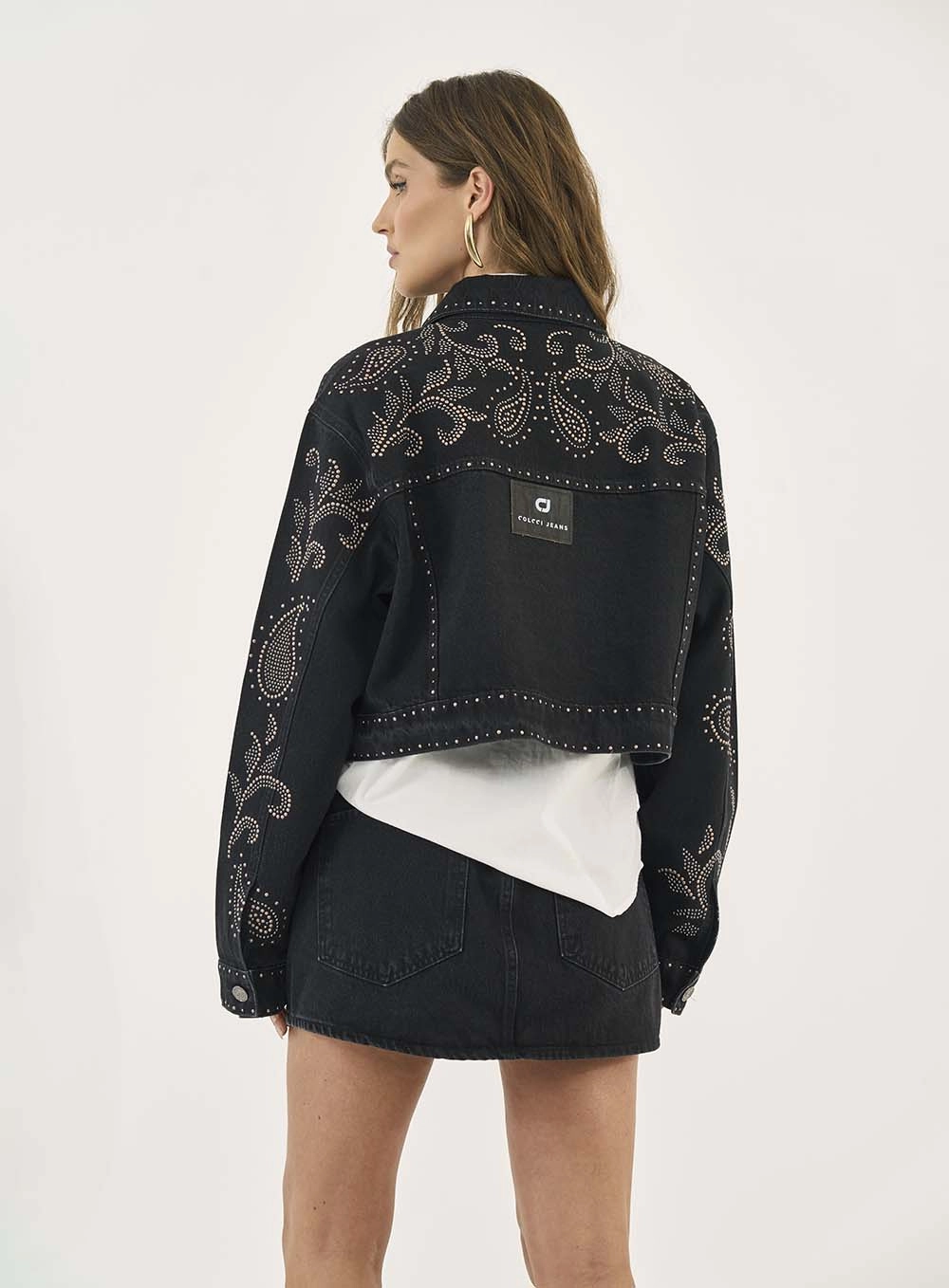 Jaqueta Cropped Studded Paisley Indigo Preto