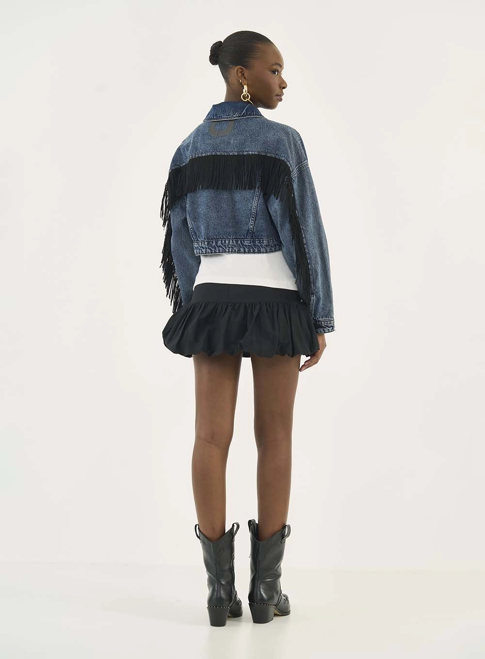 Jaqueta Jeans Cropped Com Franjas Índigo