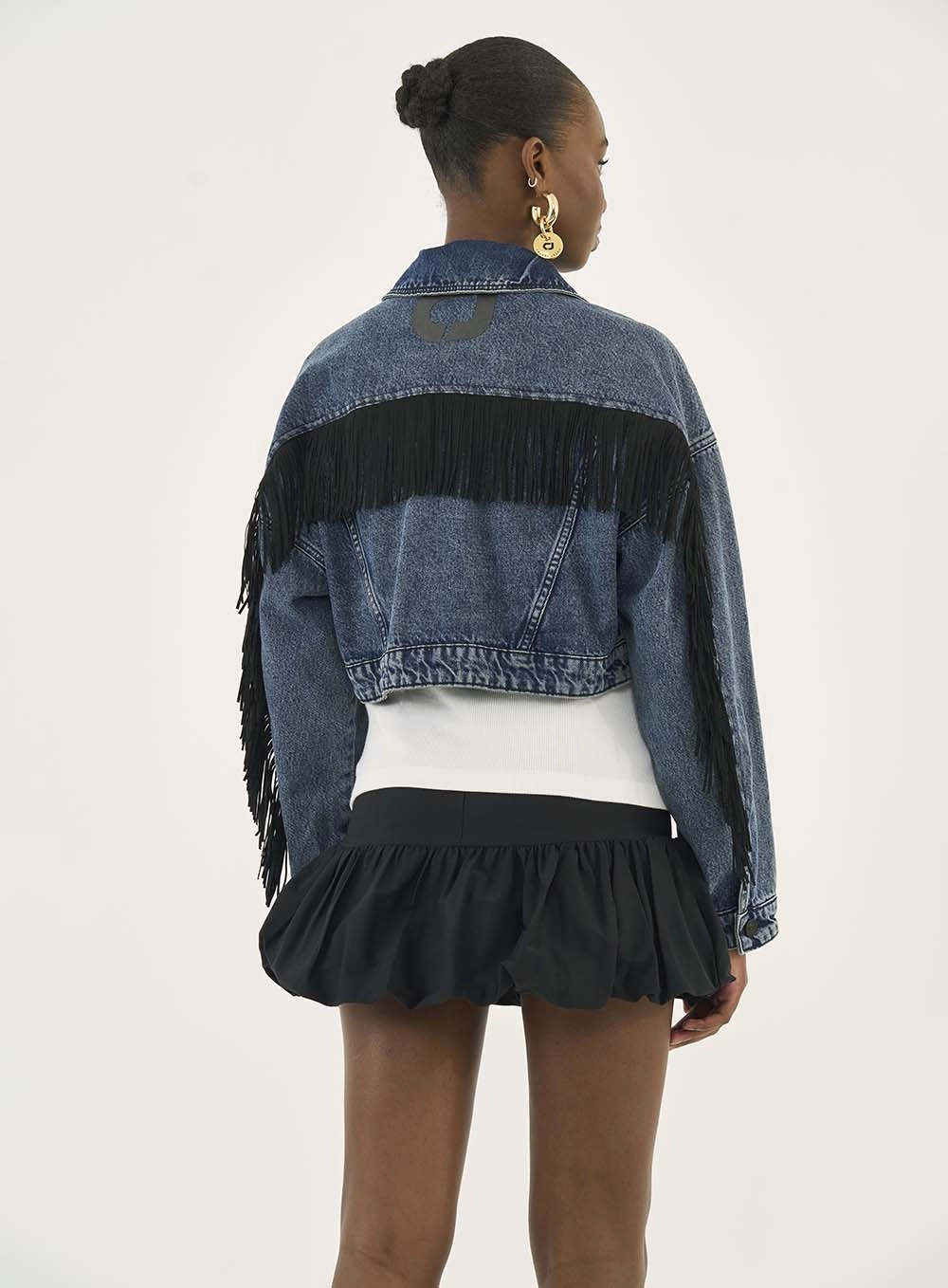 Jaqueta Jeans Cropped Com Franjas Índigo