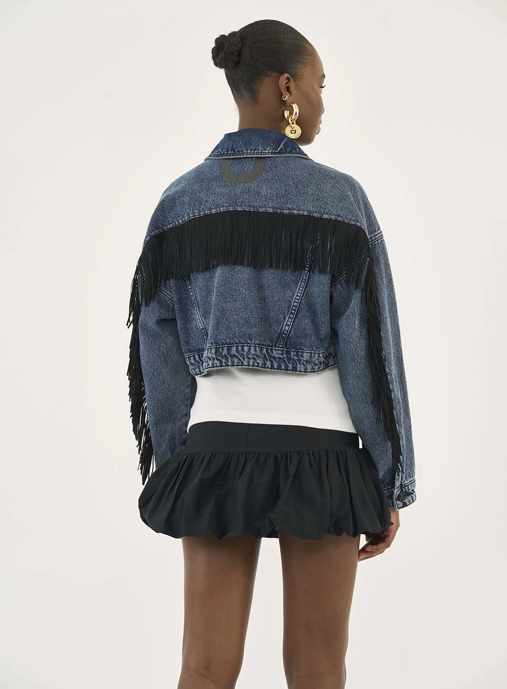 Jaqueta Jeans Cropped Com Franjas Índigo