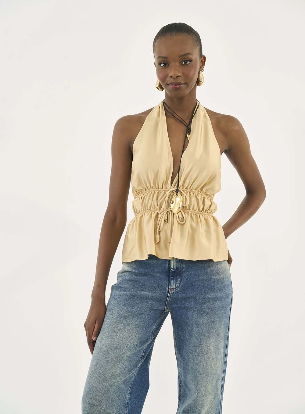 Blusa Frente Única Com Franzido Bege