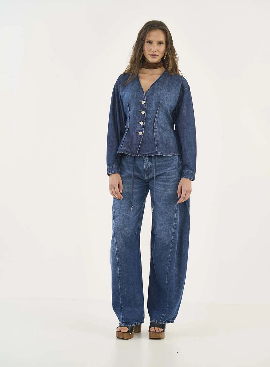 Blusa Jeans Acinturada Manga Longa
