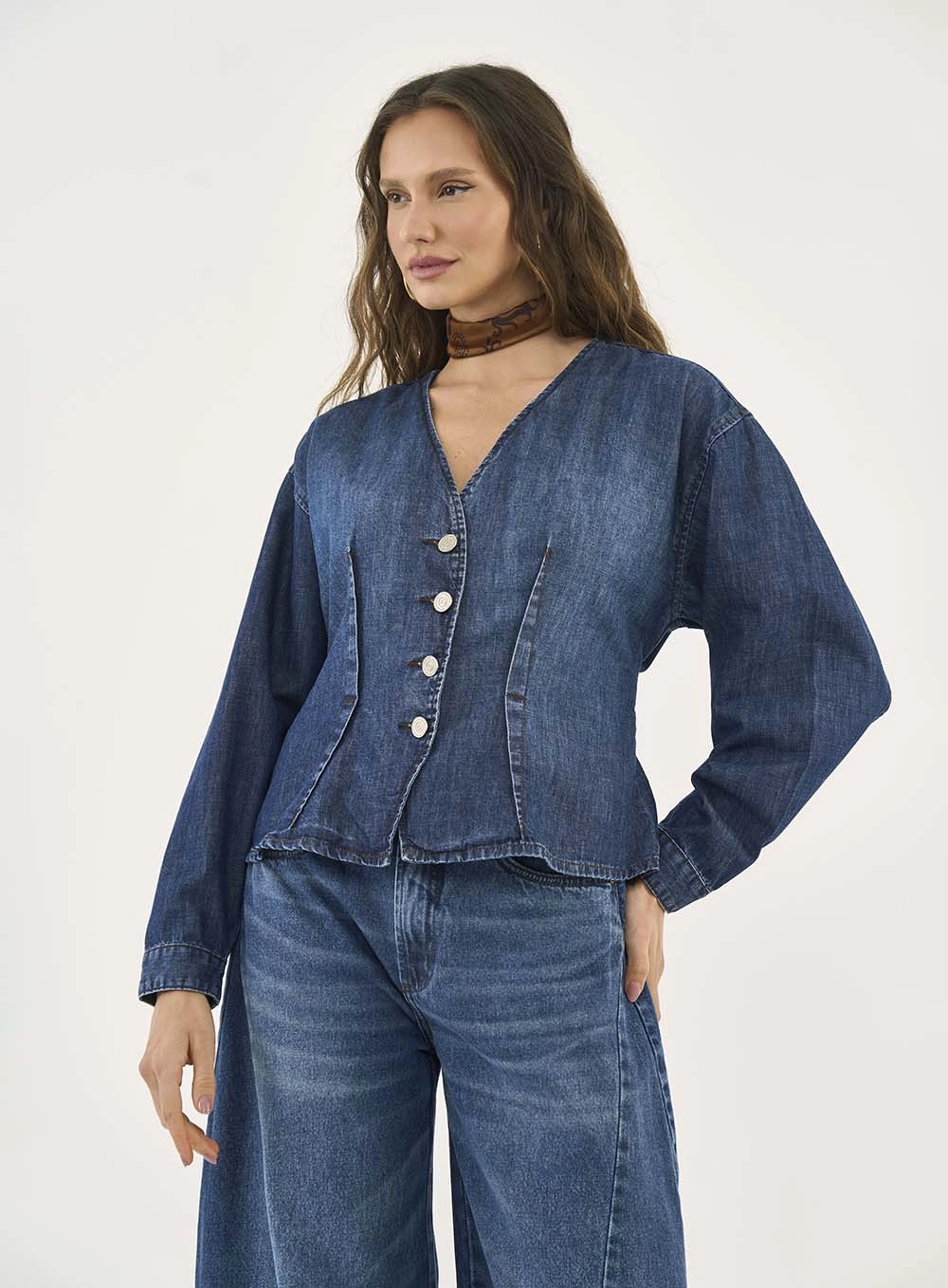 Blusa Jeans Acinturada Manga Longa Índigo