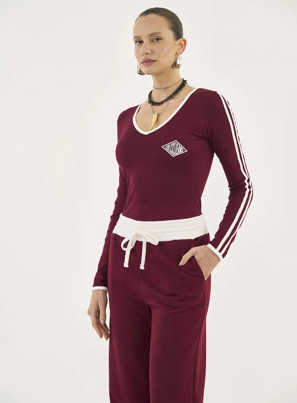 Blusa Slim Manga Longa Gola V Bordô