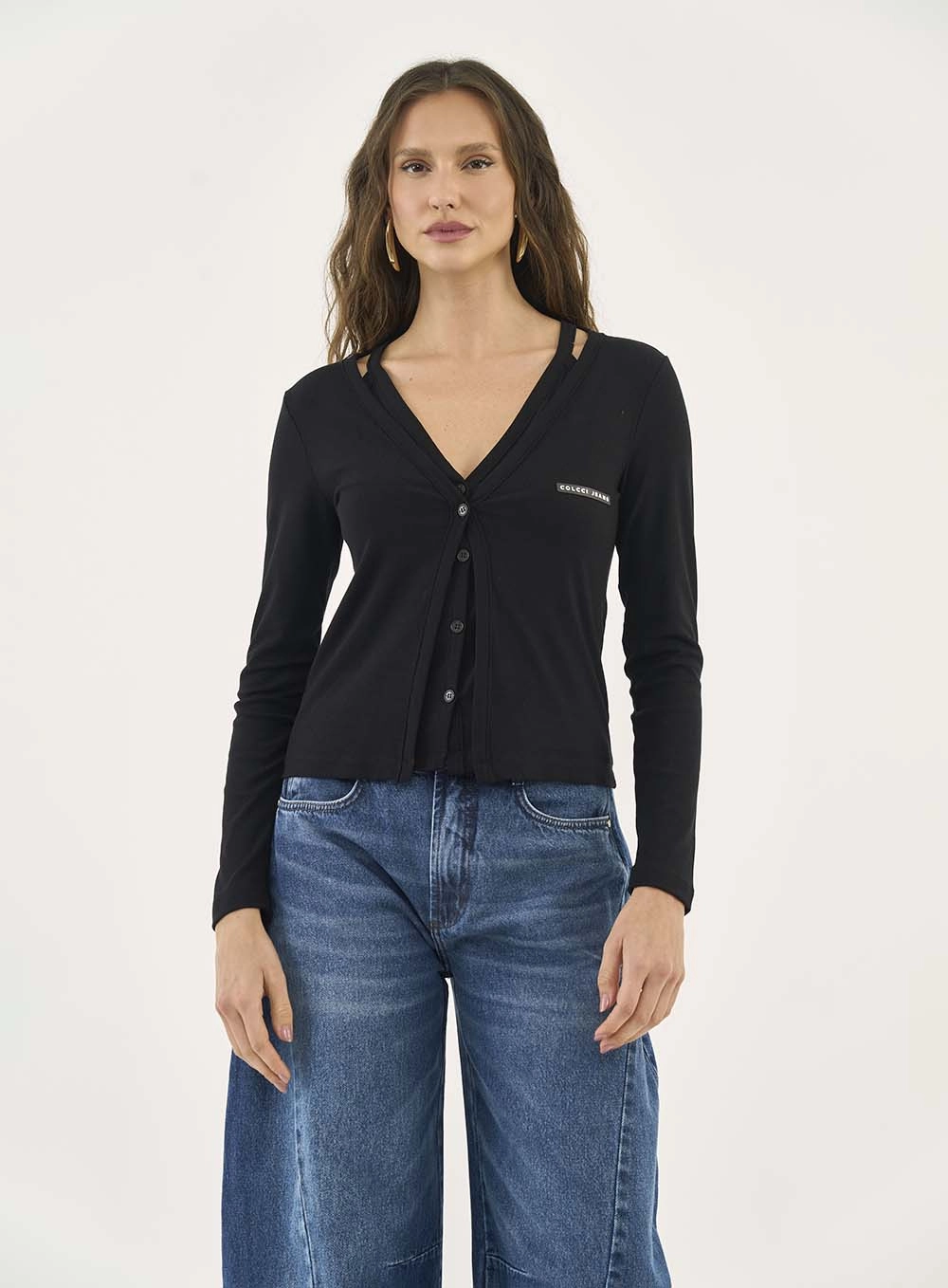 Blusa Canelada Manga Longa Com Botões Frontais Preto