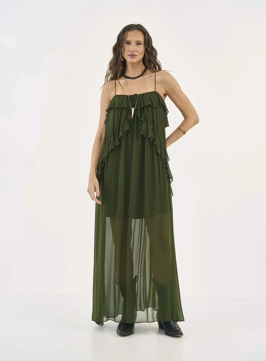 Vestido Longo Fluido Com Babados
