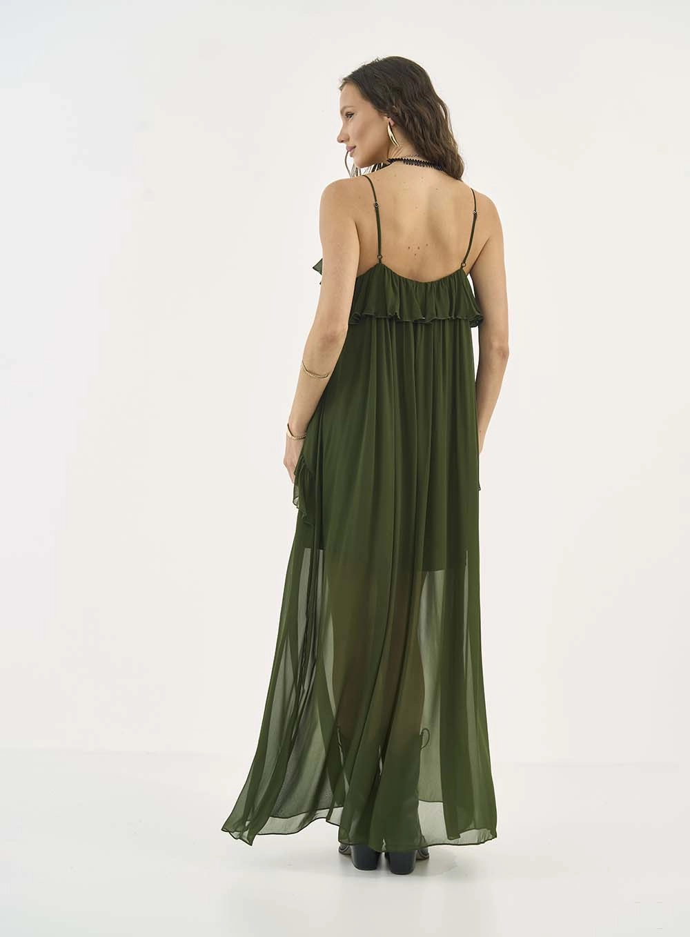 Vestido Longo Fluido Com Babados Verde