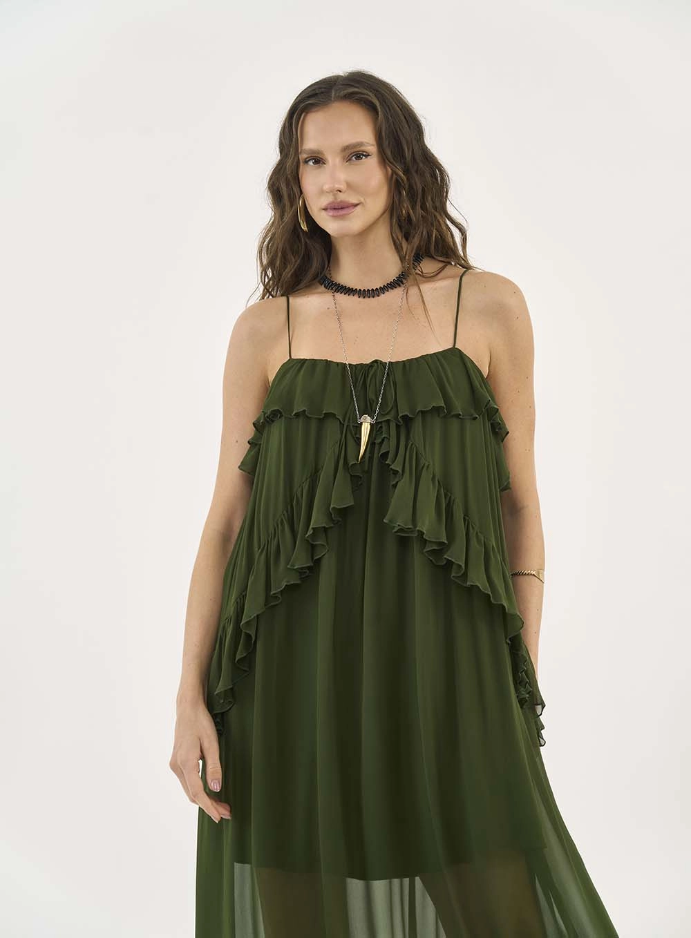 Vestido Longo Fluido Com Babados Verde