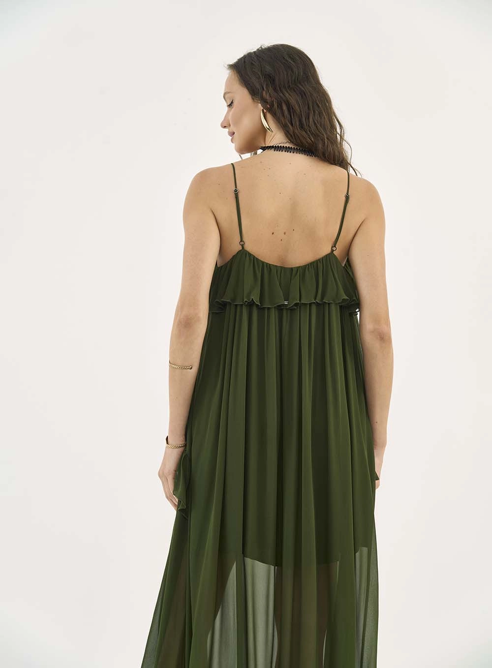 Vestido Longo Fluido Com Babados Verde