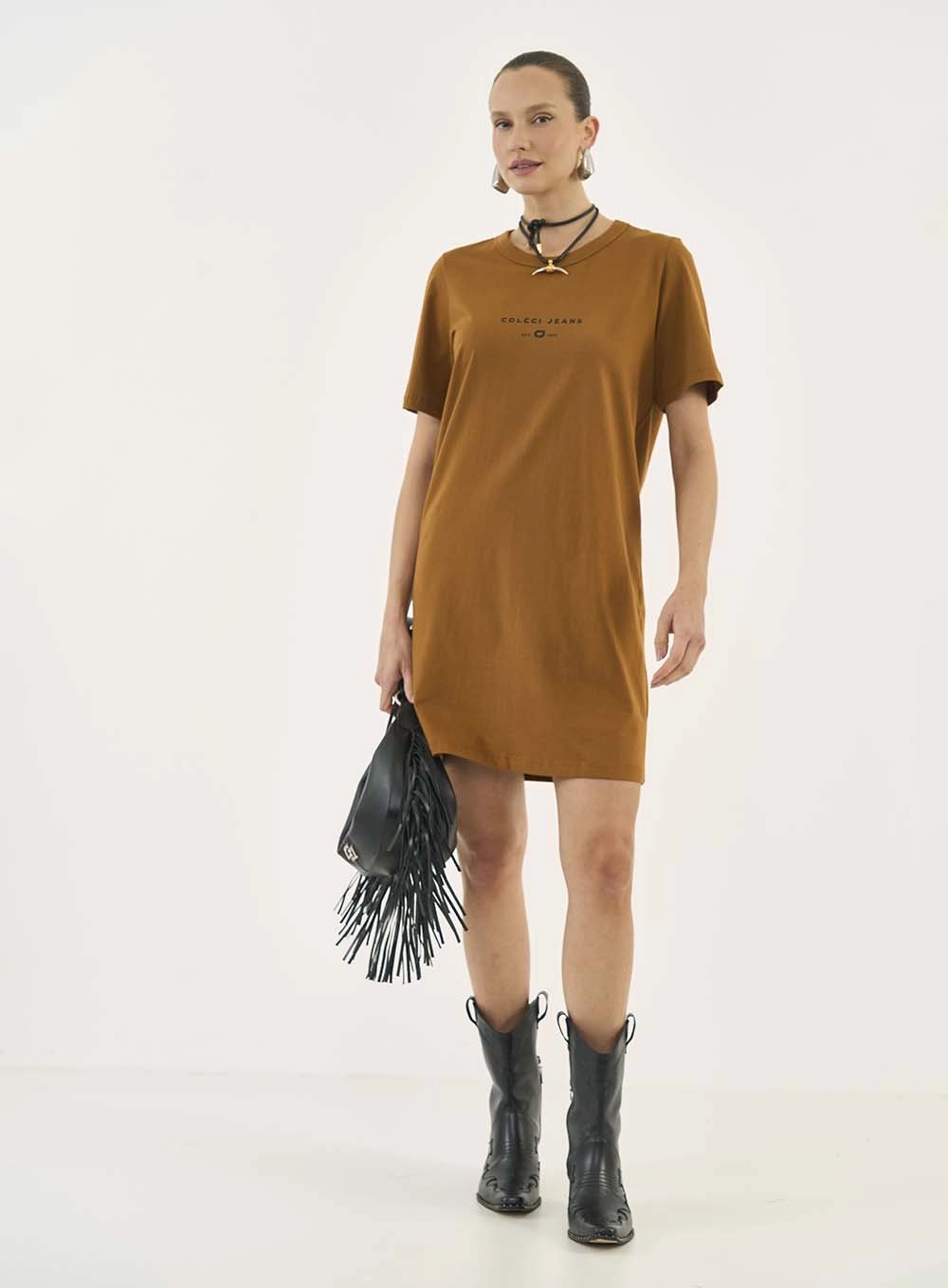 Vestido T-shirt Com Estampa Costas Marrom