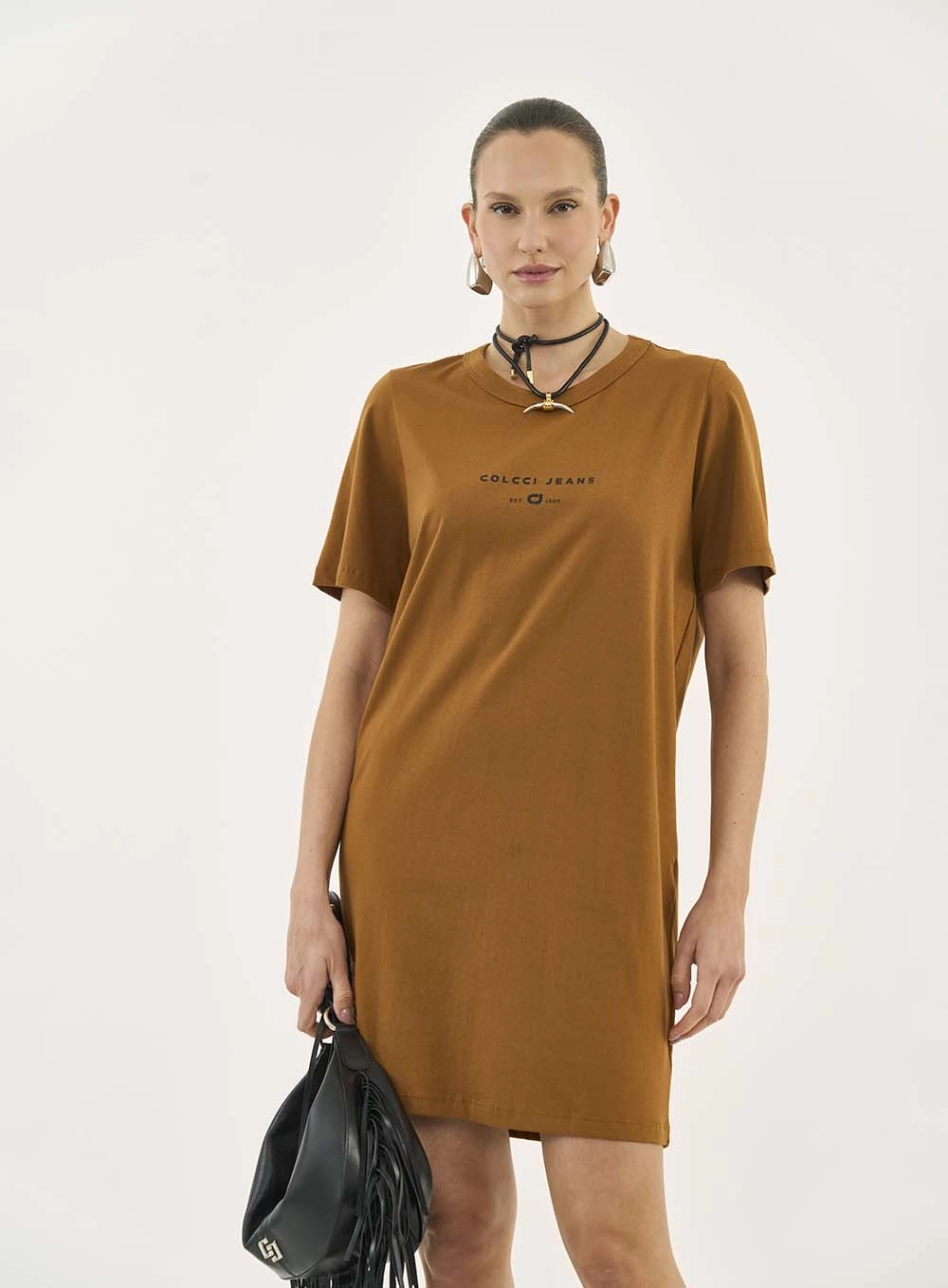 Vestido T-shirt Com Estampa Costas Marrom