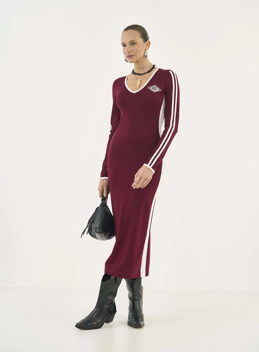 Vestido Midi Manga Longa Com Listras