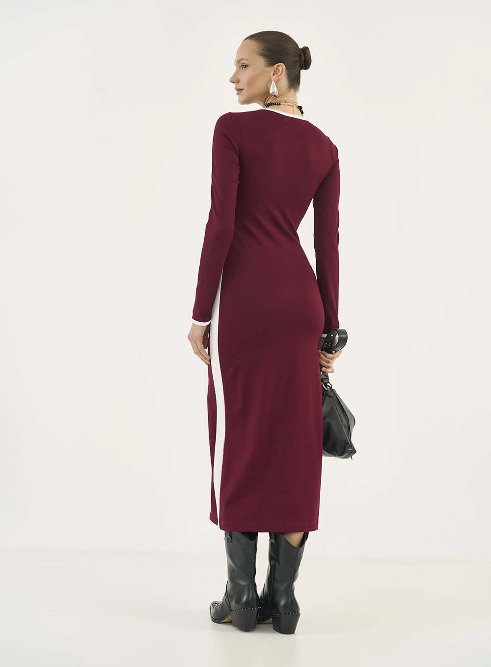 Vestido Midi Manga Longa Com Listras Bordô