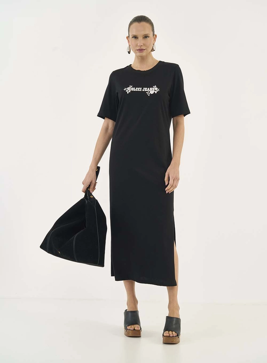 Vestido T-shirt Midi Com Estampa E Fenda Lateral