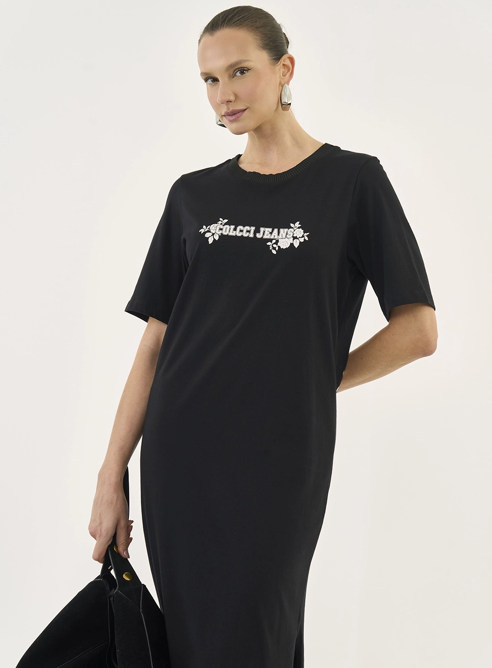 Vestido T-shirt Midi Com Estampa E Fenda Lateral Preto