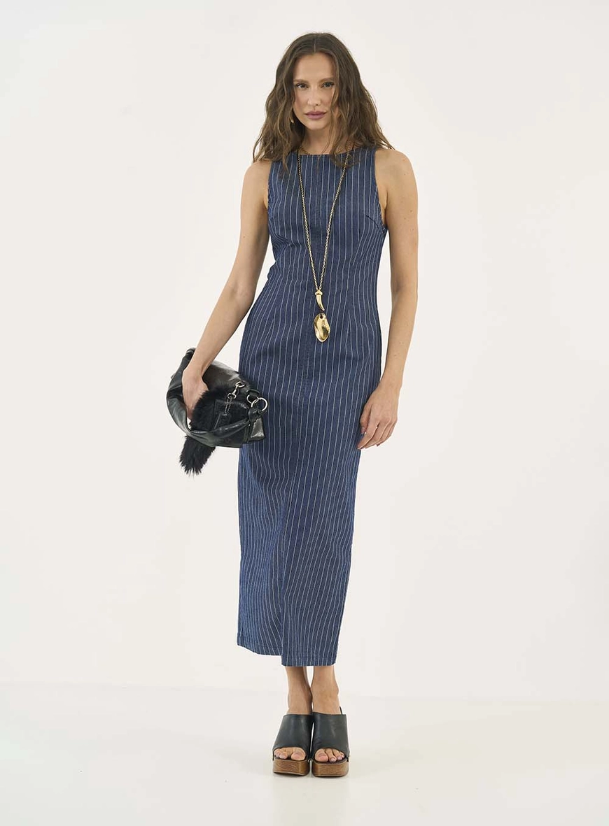 Vestido Listrado Midi Em Alfaiataria