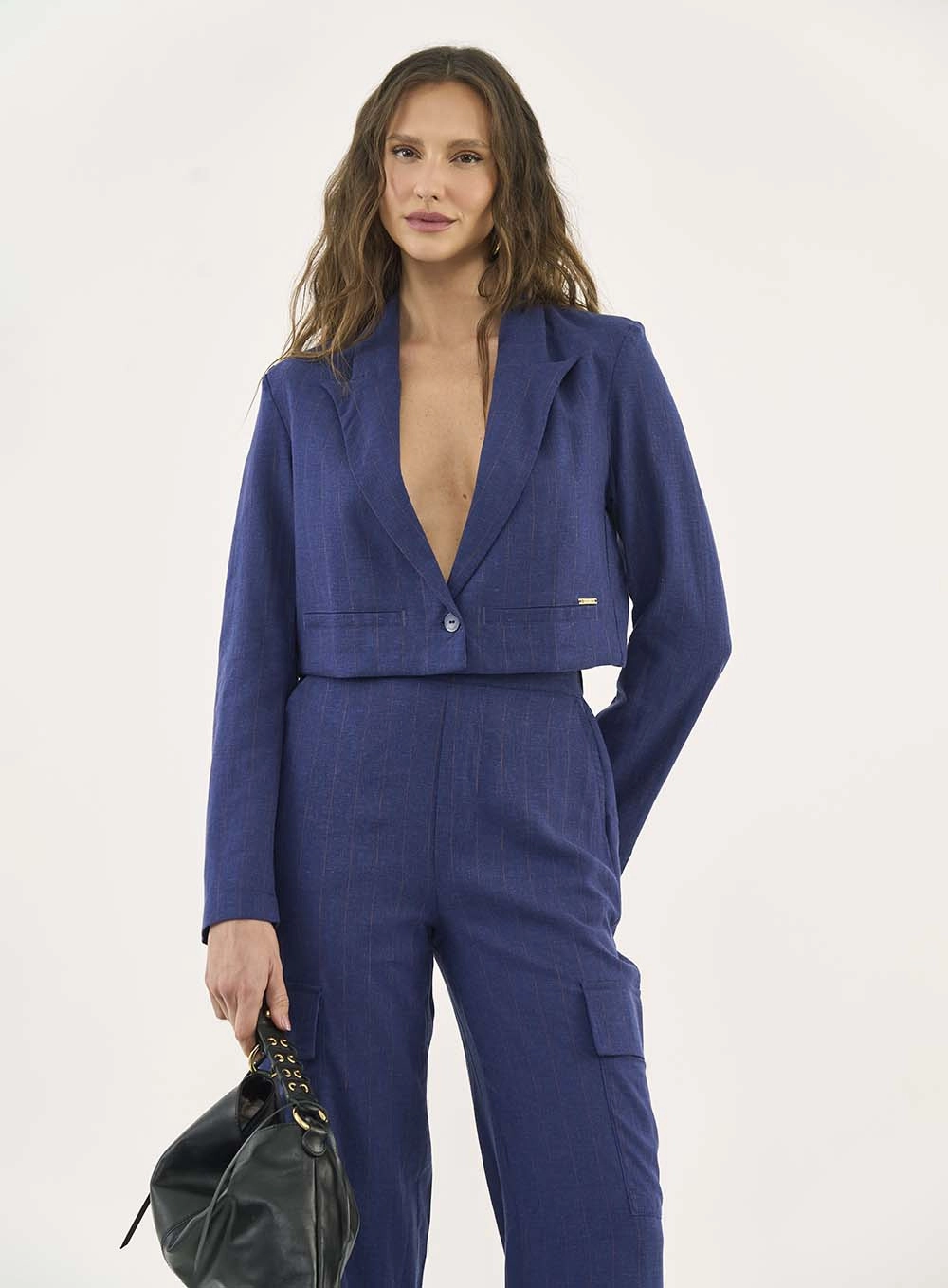 Blazer Encurtado Com Listras Azul