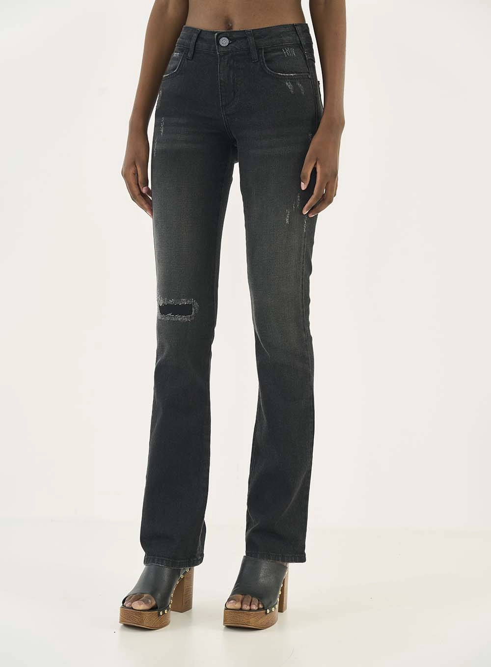 Calça Jeans Reta  Nova York Com Detalhe Puído Indigo Preto