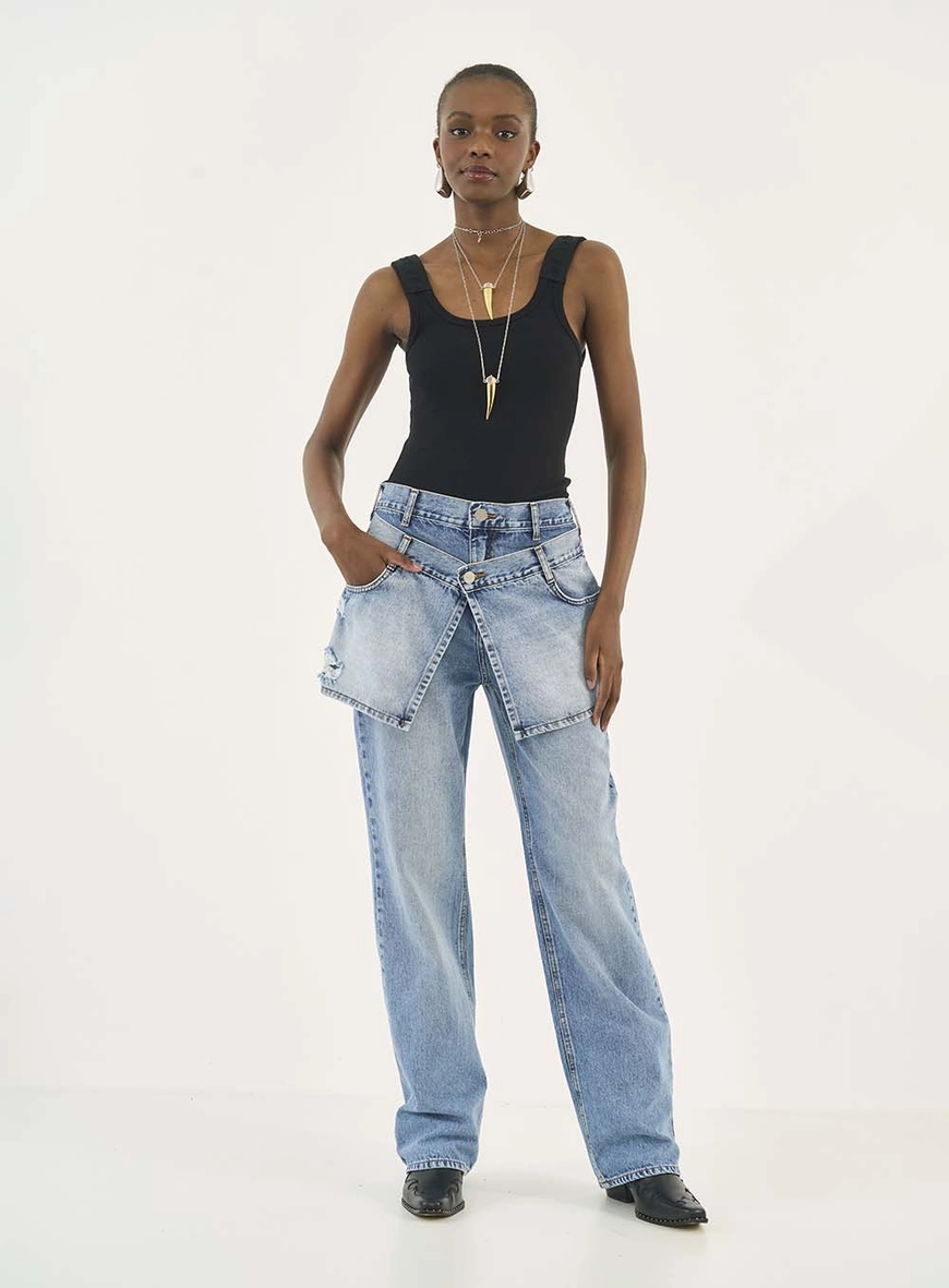 Calça Jeans Wide Leg Barcelona Com Sobreposição