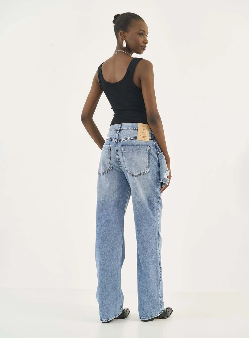 Calça Jeans Wide Leg Barcelona Com Sobreposição Índigo
