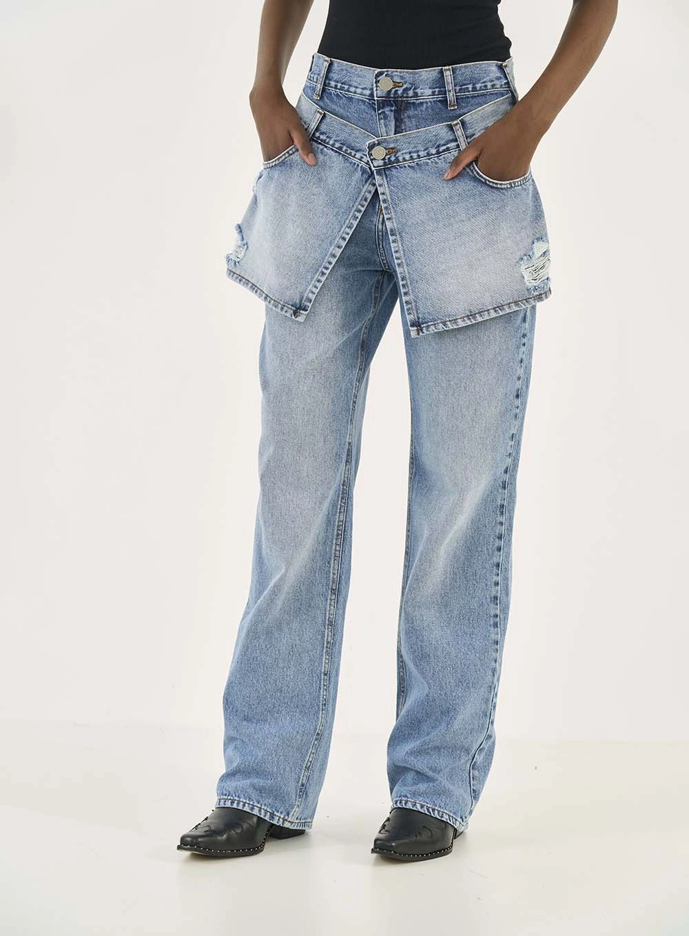 Calça Jeans Wide Leg Barcelona Com Sobreposição Índigo