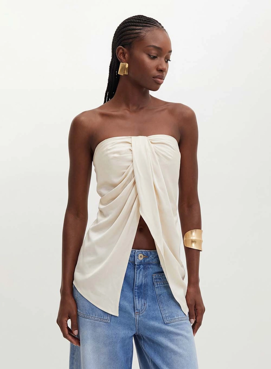 Blusa Feminina Tomara Que Caia Com Transpasse Bege 1