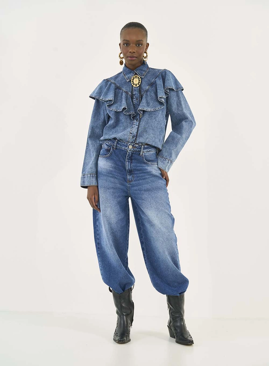 Camisa Jeans Comfort Com Babados