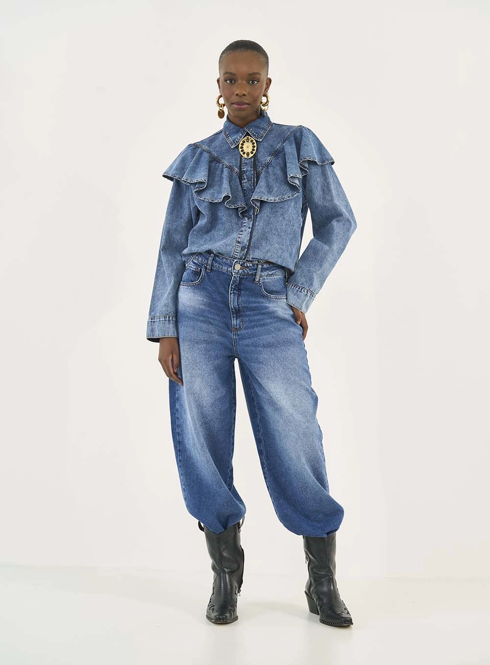 Camisa Jeans Comfort Com Babados Índigo