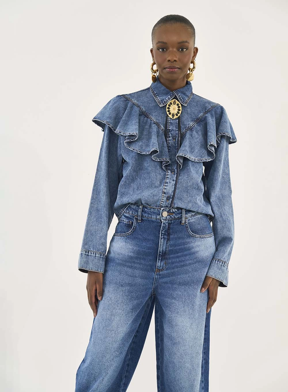 Camisa Jeans Comfort Com Babados Índigo