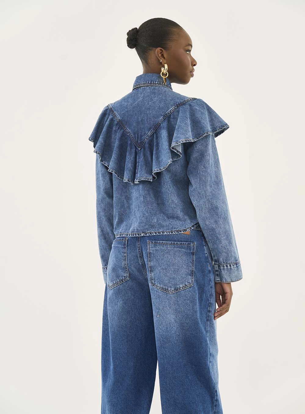 Camisa Jeans Comfort Com Babados Índigo